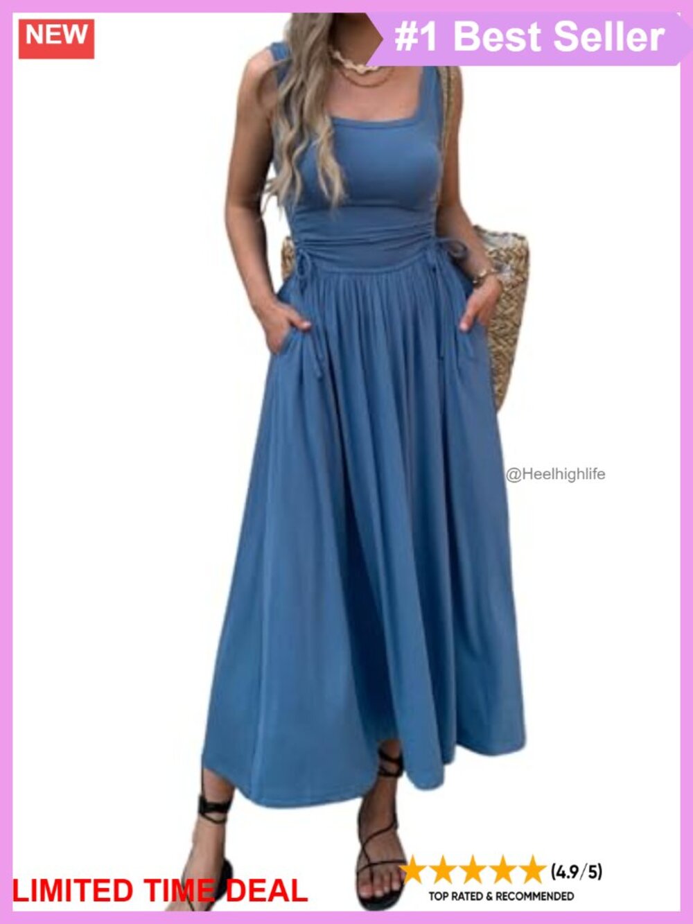 Boho Summer Maxi Dress Sleeveless Ruched Sundress Adjustable Waist